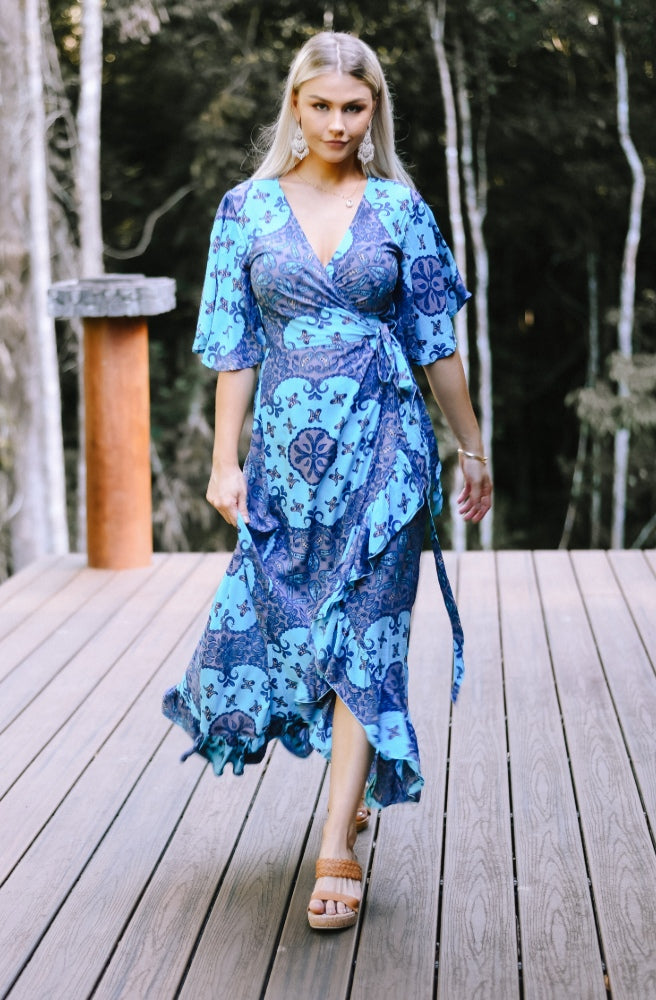 Lulu Print Combi Wrap Maxi Dress, Blue Mauve Mandala Print