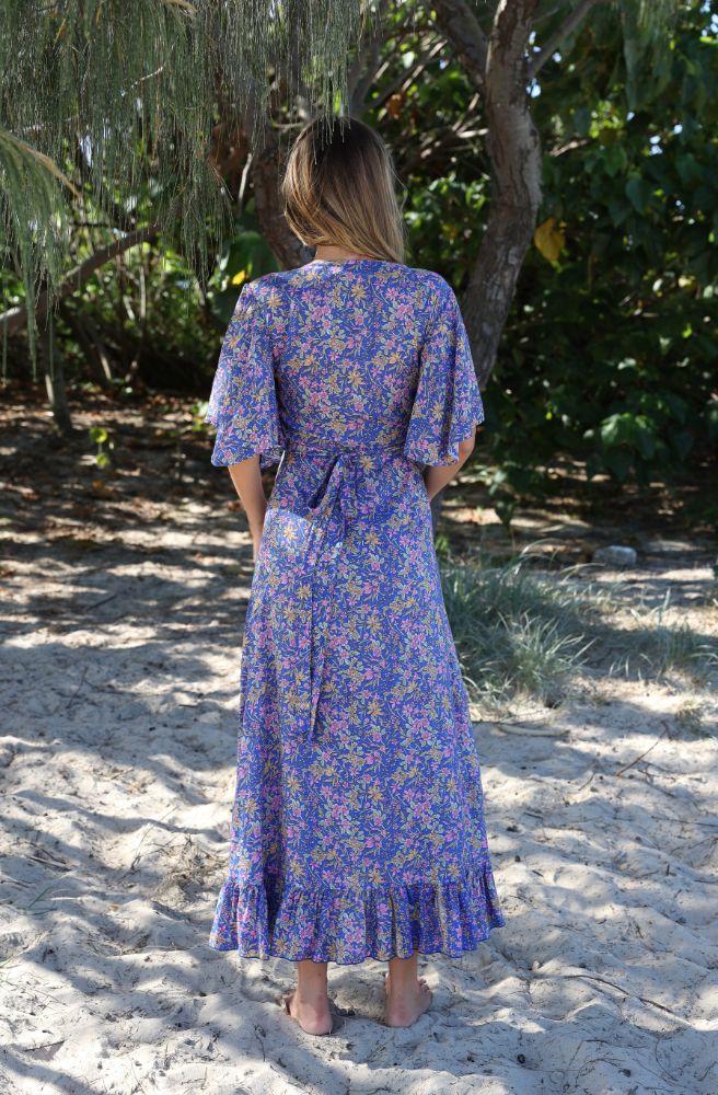 Cobalt Bloom Combi Wrap Dress, Rear View