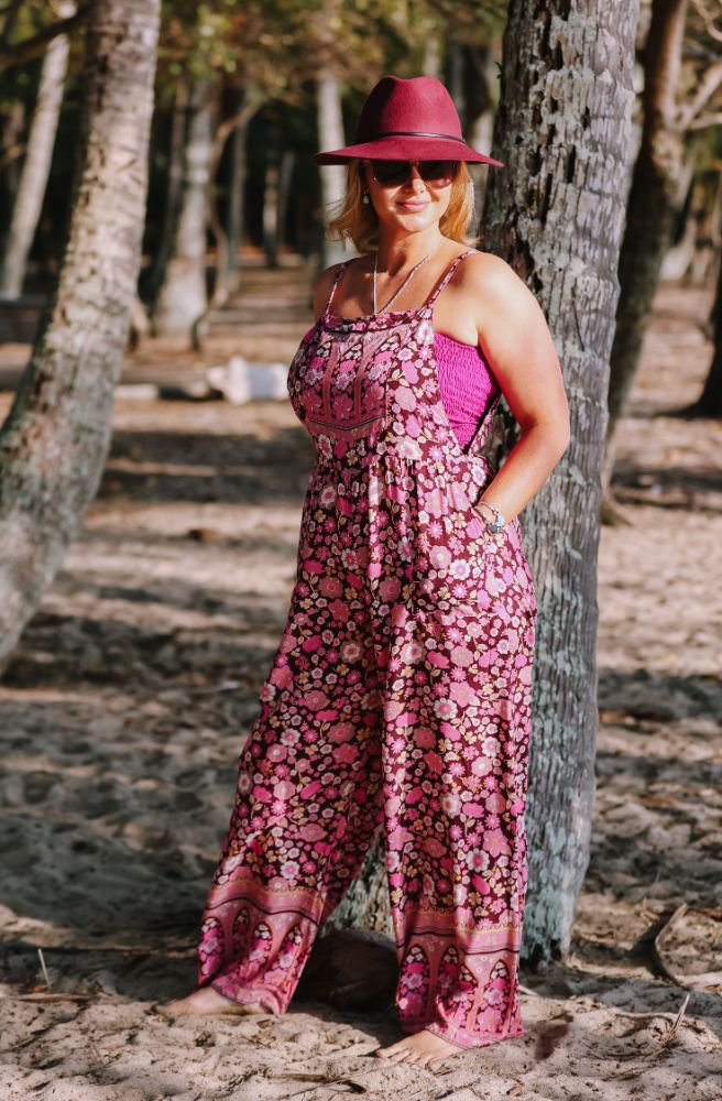 womens boho pink floral overalls full length