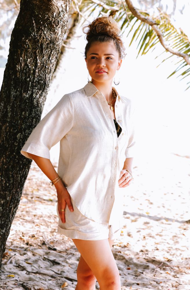 womens cotton linen natural safari shirt short sleeves