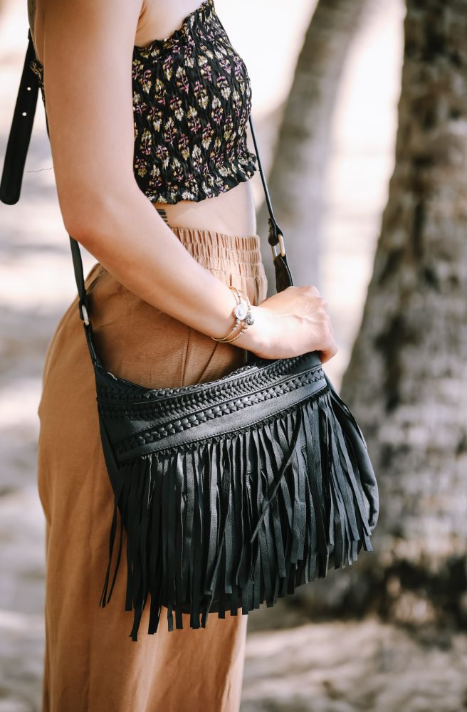 black leather boho crossbody bags australia with fringe