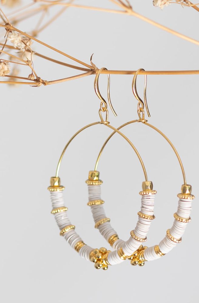 gold hoop earrings boho style white discs