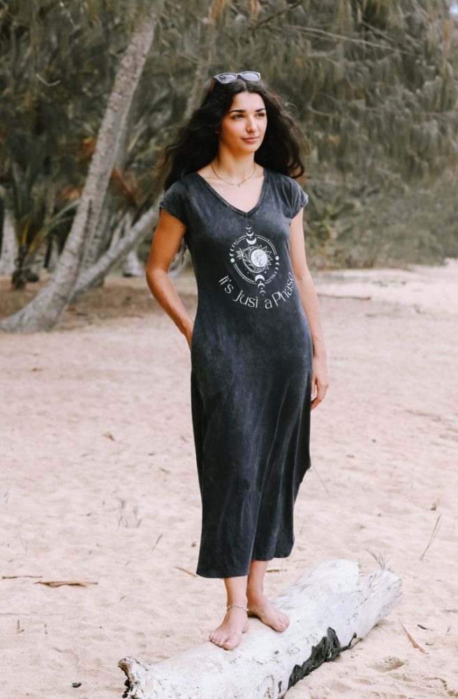 stretch knit full length tee shirt dress moon phase charcoal and silver