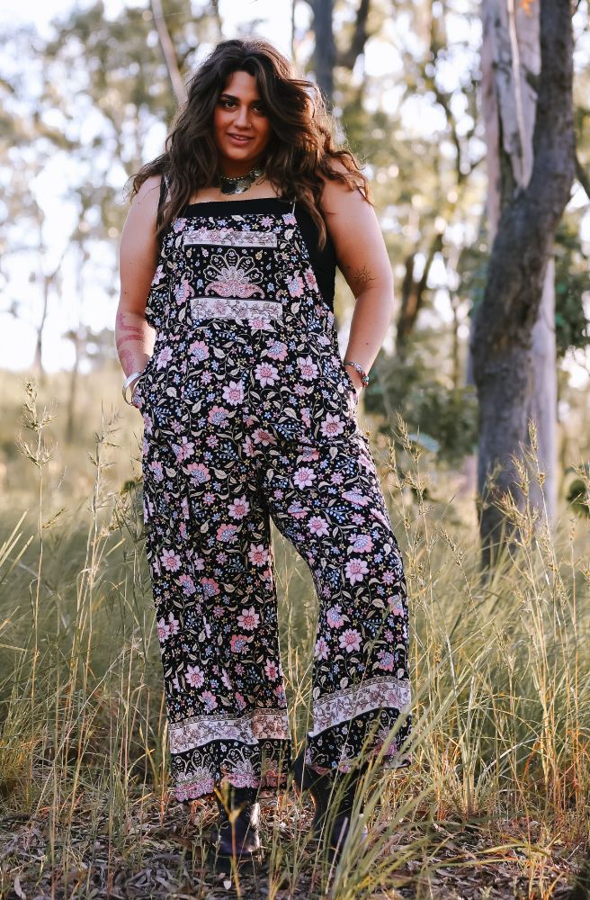 Boho Midnight Essence Transit Overalls, Black Pink Floral Print