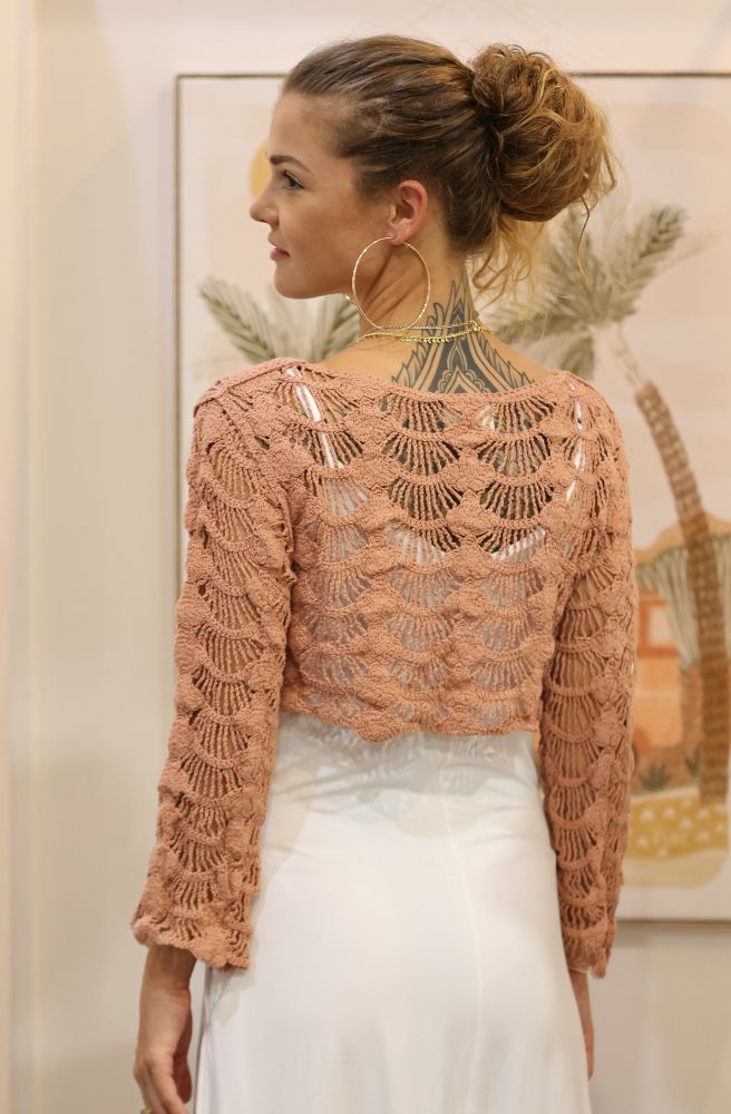 womens bohemian crochet top cropped long sleeves dark peach colour