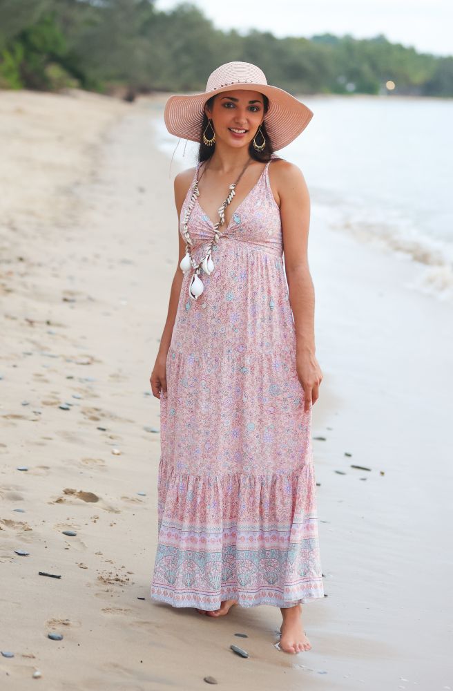Summer Maxi Dress, Boho Light Pink Sea Shell Print