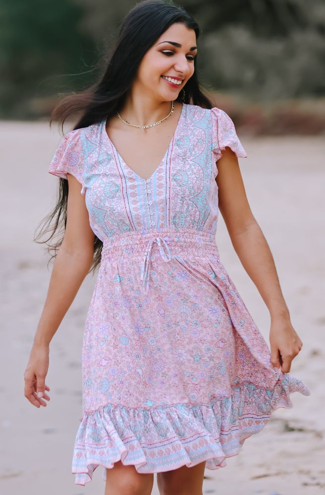 Womens Summer Mini Dress, Boho Sea Shell Print