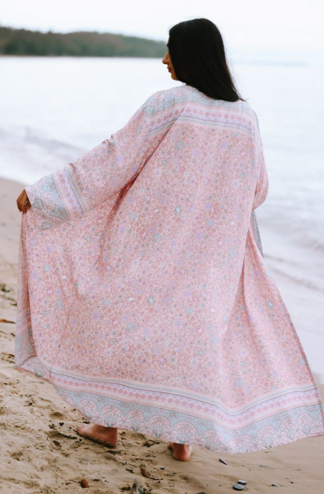 Womens Long Sleeve Kimono, Boho Sea Shell Pink Soft Pink