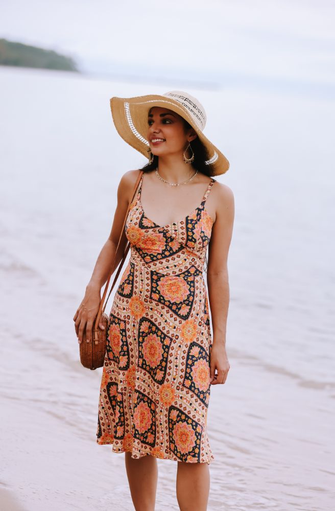 boho style backless mini dress retro mandala print navy orange