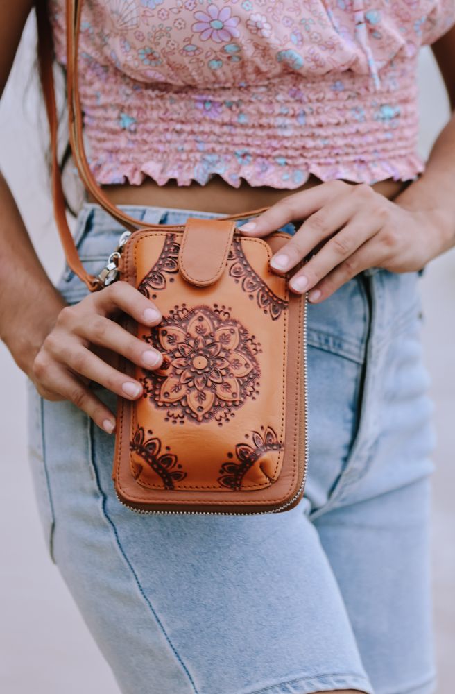 Posy Leather Phone Pouch Wallet, Vintage Tan