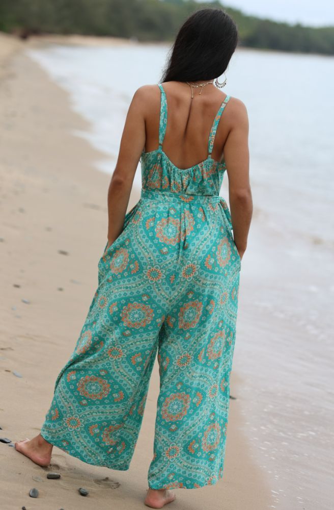 womens boho pantsuit turquoise print, back view