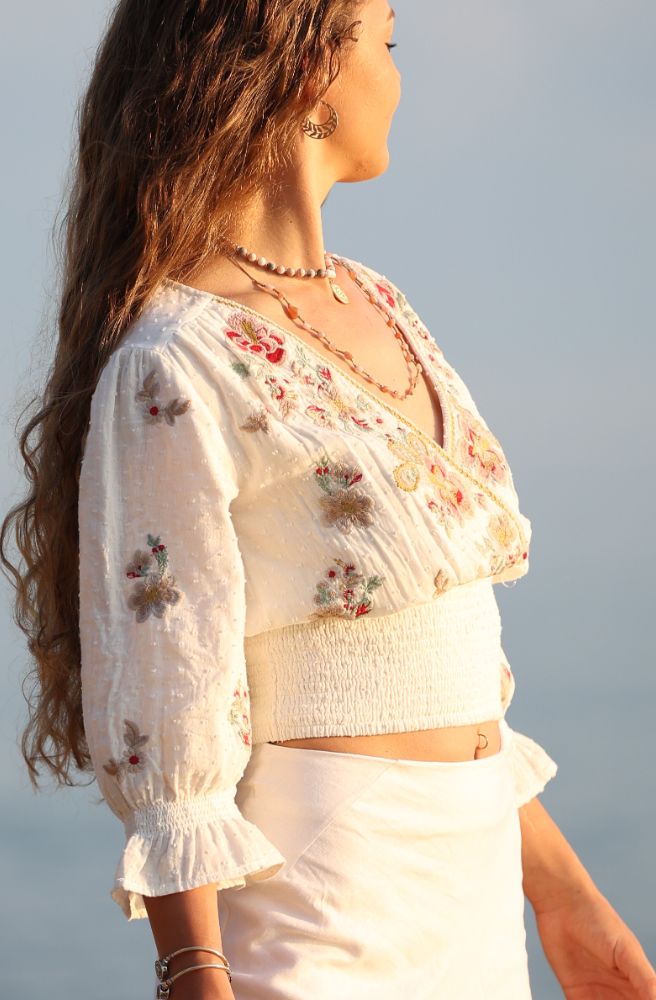 white boho blouse embroidered shirred waist