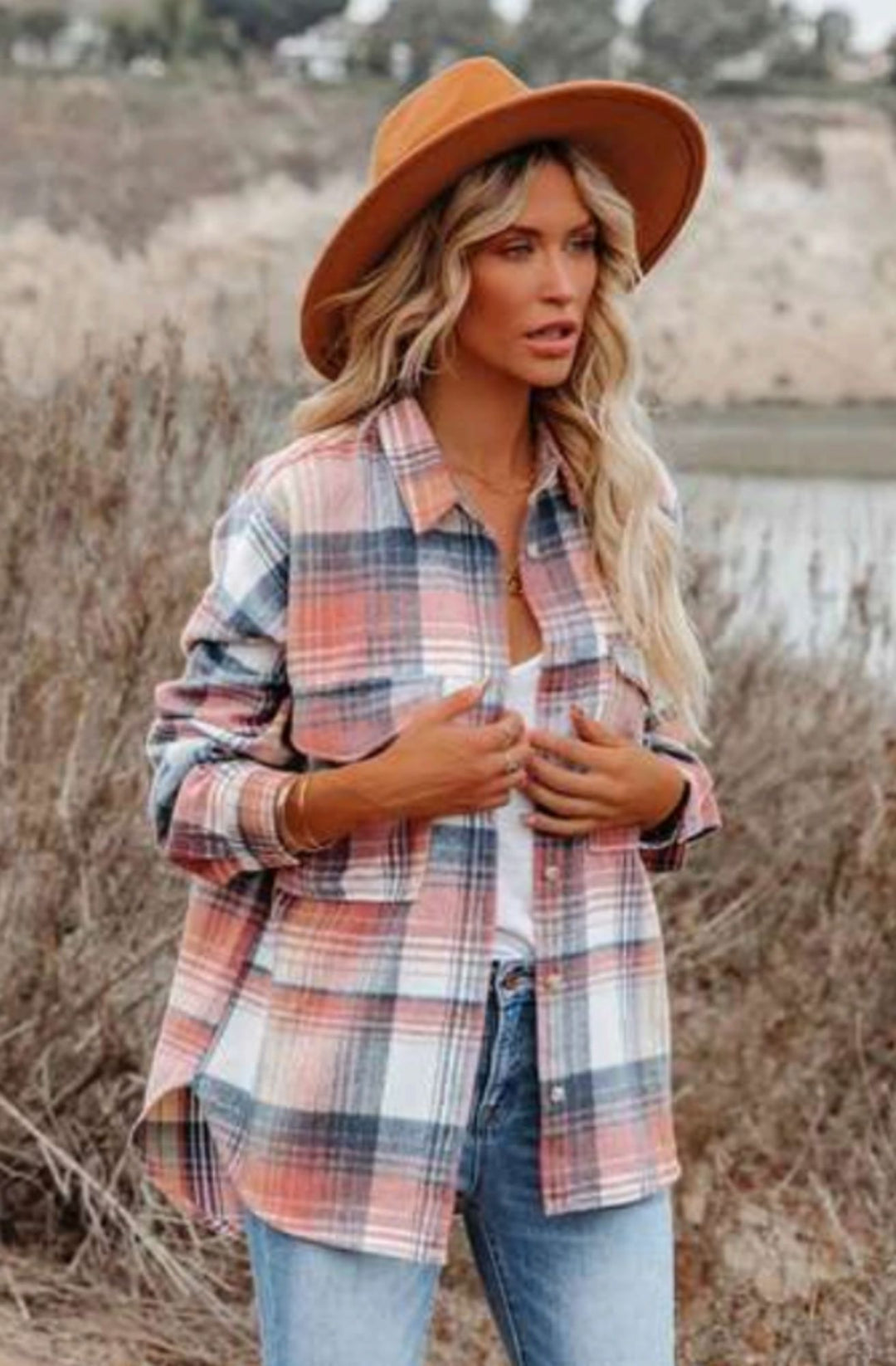 Flannel Brushed Shacket Pink Rust, Boho Style