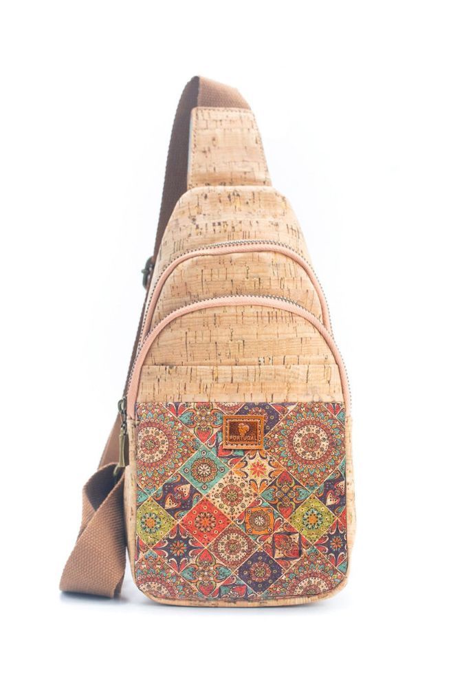 colourful mandala print boho style eco friendly cork crossbody bag