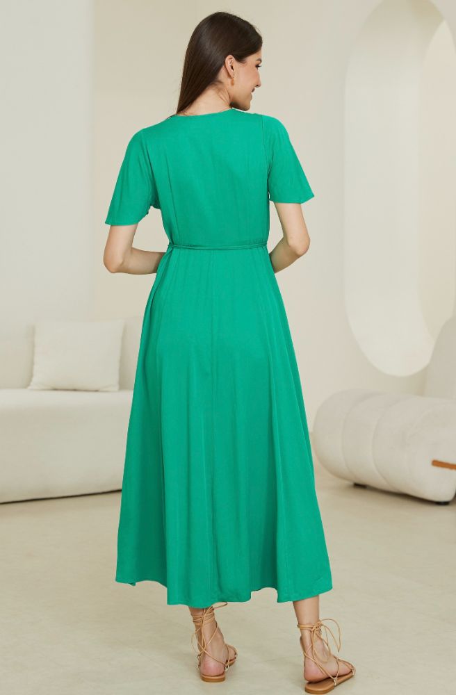 womens boho maxi dress emerald green flutter sleeves button through