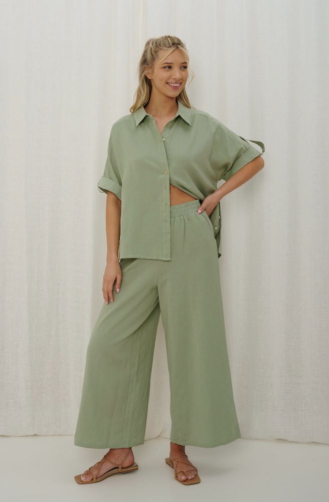 womens wide leg cotton linen pants boho sage green