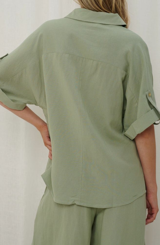 womens summer cotton linen shirt sage green