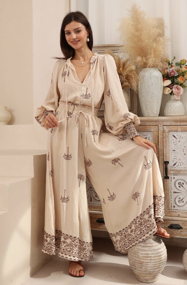 Les Palms Blouse, Matching Set with Maxi Pants
