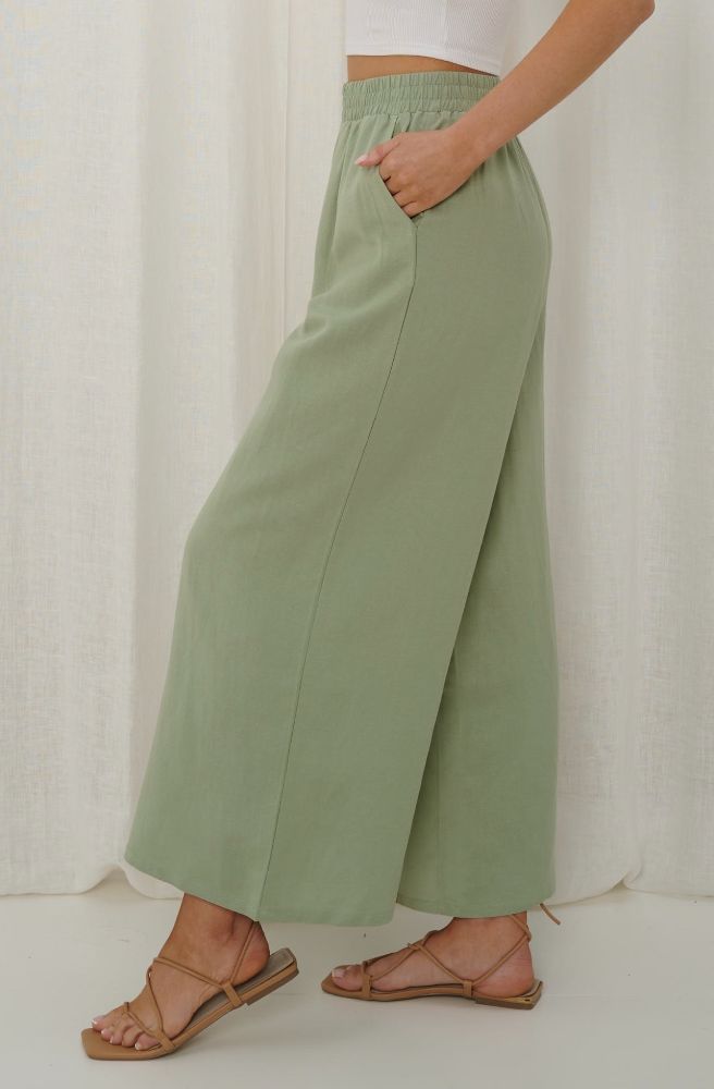 womens cotton linen full length wide leg pants green