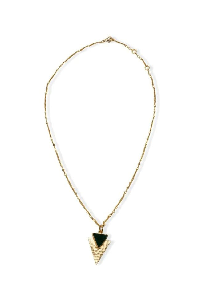 Finesse Trigon Necklace, Brass and Green Duzy Stone