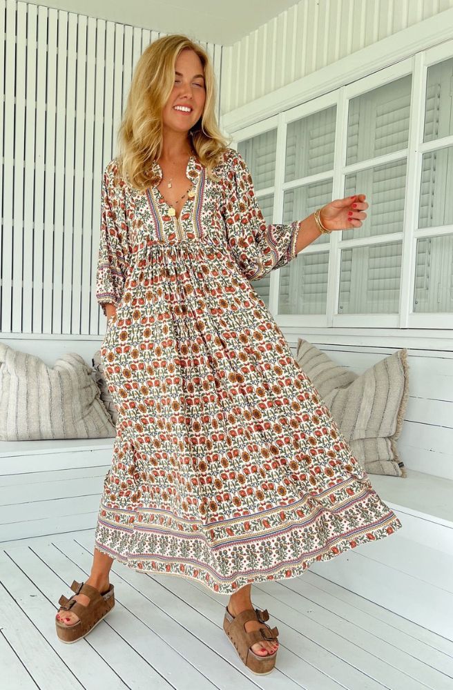 Jaase Harlowe Print Boheme Midi Dress, Indian Woodblock Floral Design