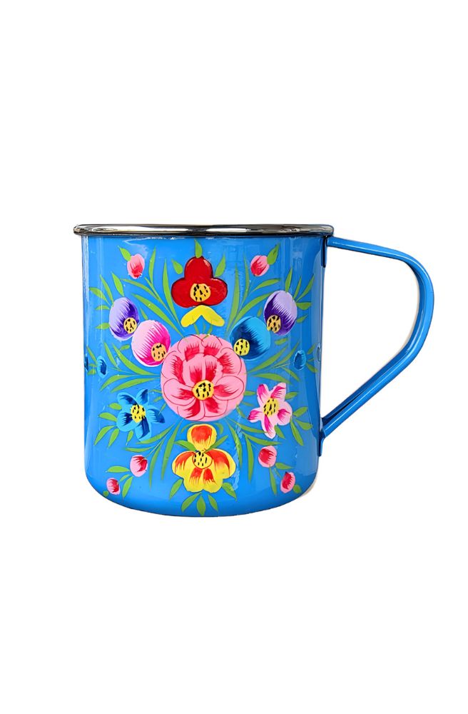 picnic folk stainless steel mug cornflower blue boho style