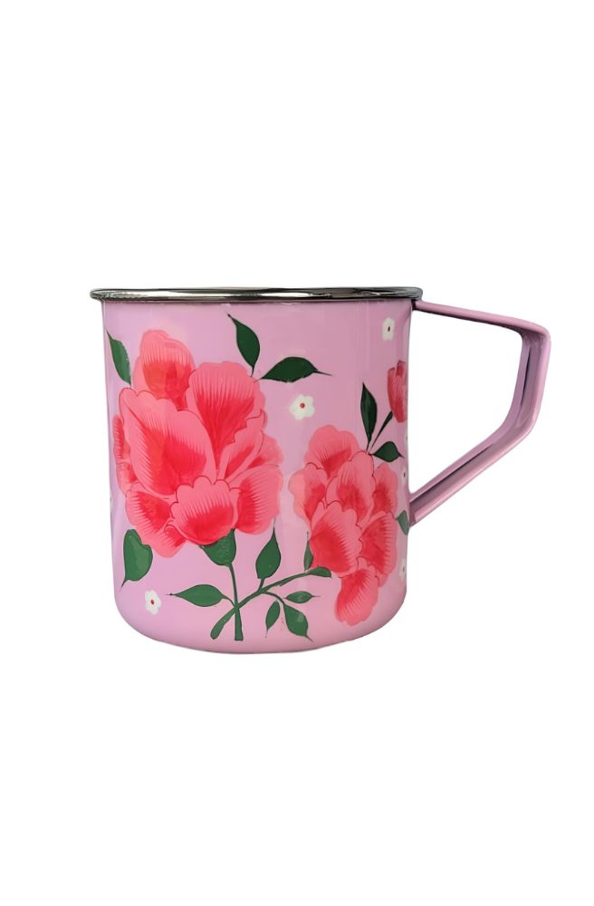 pink boho stainless steel mug hand painted picnic folk