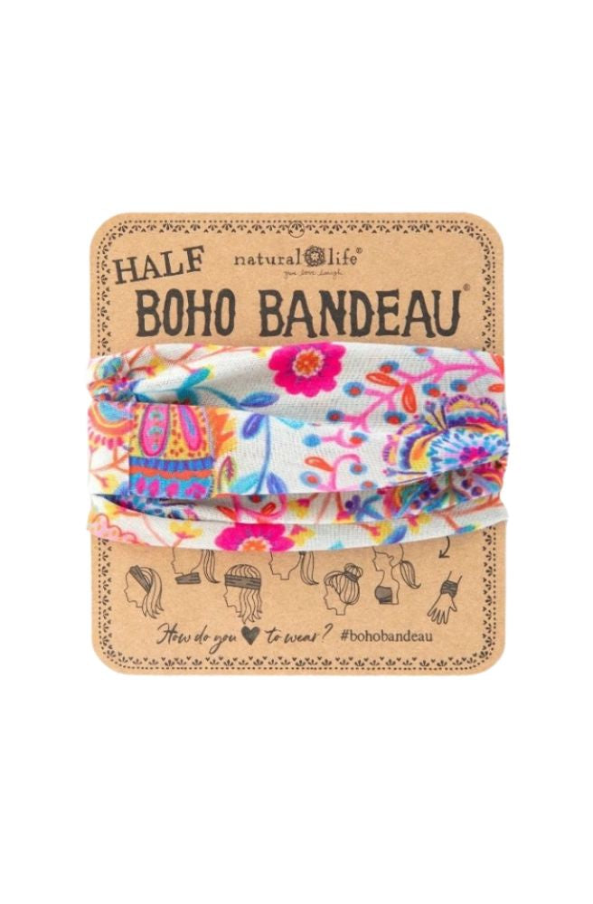 Boho Bandeau Half Black Print Folk Cream, Stretch Knit Headband