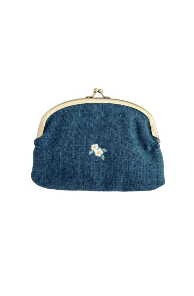 Double Kisslock Coin Purse Blue, Rear View Embroidery