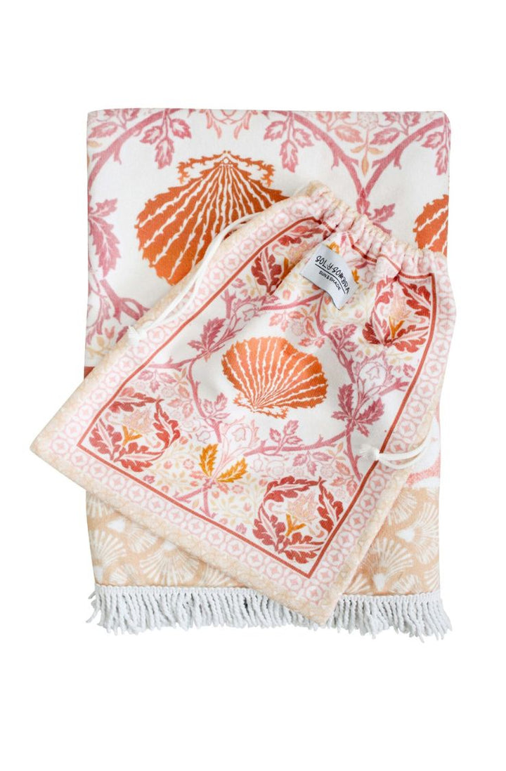 xl boho beach towel, shell print with drawstring bag