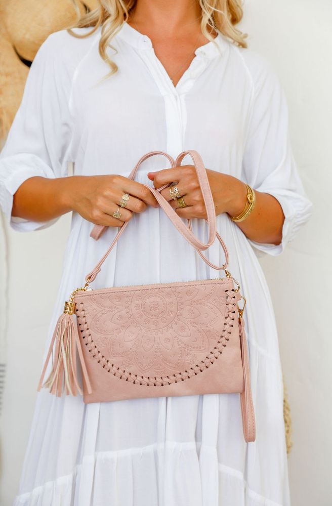Boho Embossed Clutch, Dusty Pink Colour