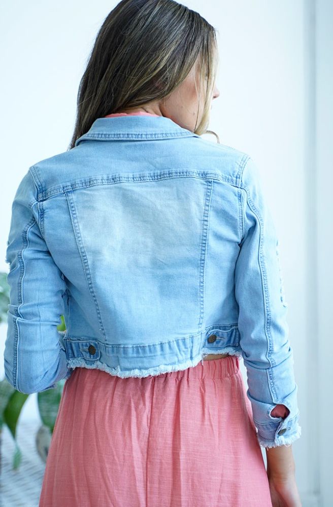 womens cropped fitted denim jacket, back view
