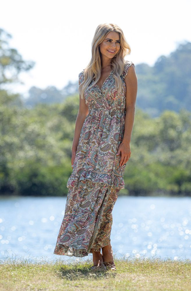 Adara Dress, Relaxed Fit Women’s Maxi in Sage and Rose Tones
