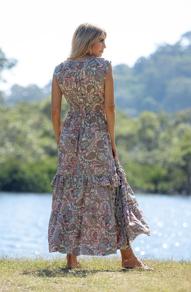 Adara Dress, Back View Boho Maxi Dress with Tiered Hem