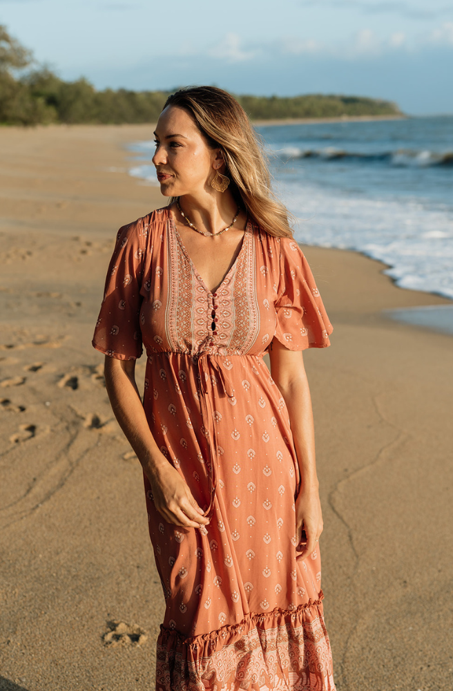 Bazaar Boho Dress, Buttons Through Bodice and Drawstring Waist Tie