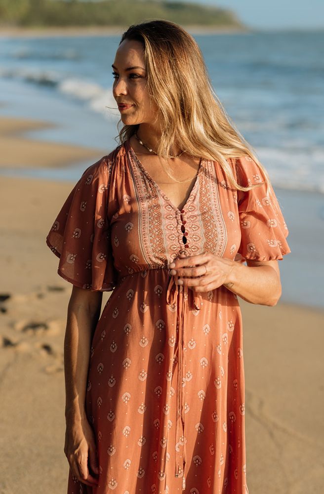 Bazaar Boho Dress, V Neckline Button Through Bust and Flutter Sleeves
