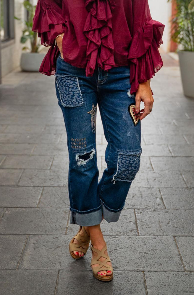 Bestie Heart Jeans, Diamante Motifs, Patchwork and Distressed Torn Detailing