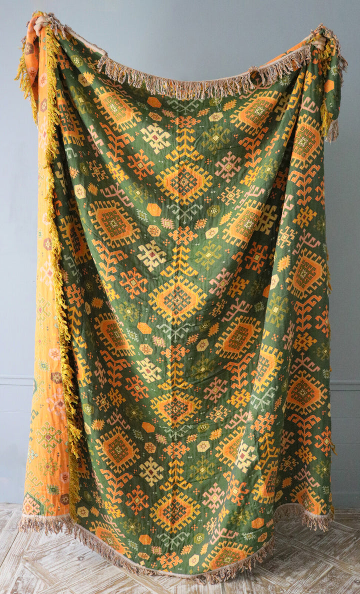 Blanket Throw Bohemia, Front View Showing Full Print and Tassel Edges