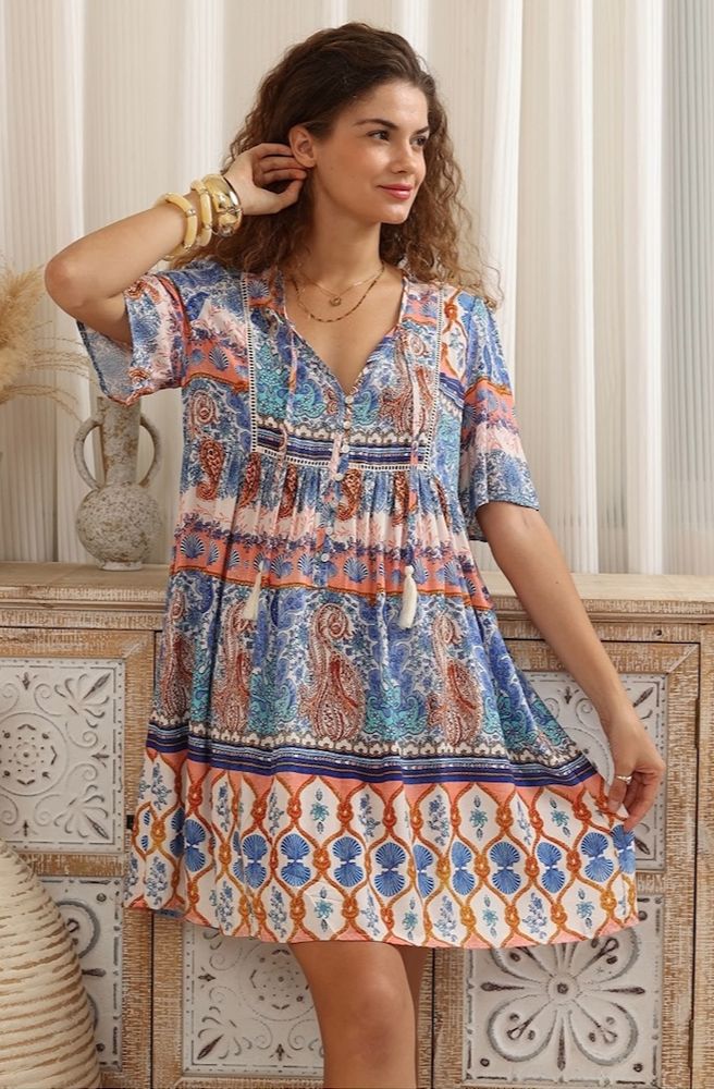 Blue Mirage Babydoll Mini Dress, Relaxed Fit Short Dress with Flutter Sleeves