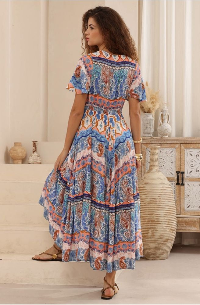 Blue Mirage Maxi Dress, Back View with Adjustable Tie Detail