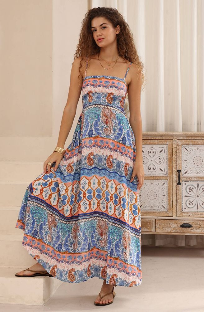 Blue Mirage String Tie Maxi Dress, Boho Floral Print Women’s Maxi