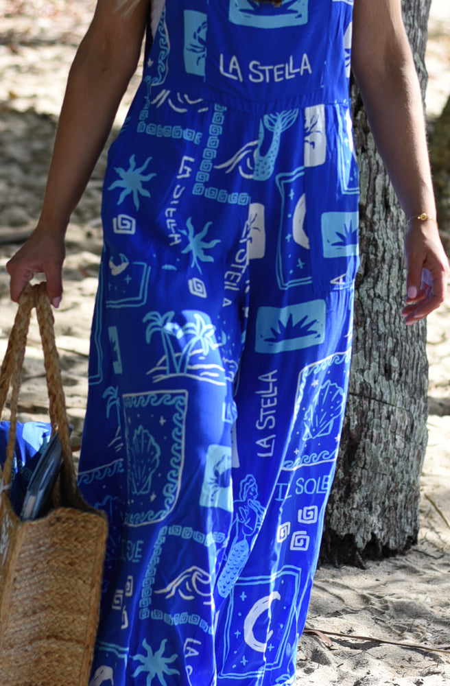 Blue Stella Transit Overalls, Close up of cobalt, light blue and white print