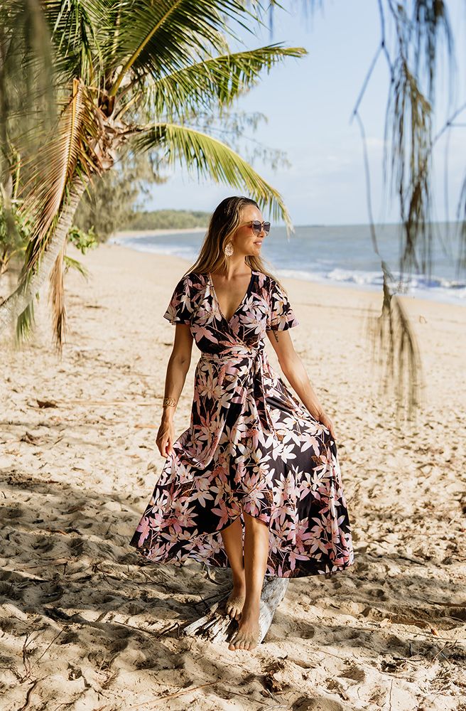 Blush Lily Nymph Wrap Dress, Women’s Boho Wrap Maxi with Floral Print