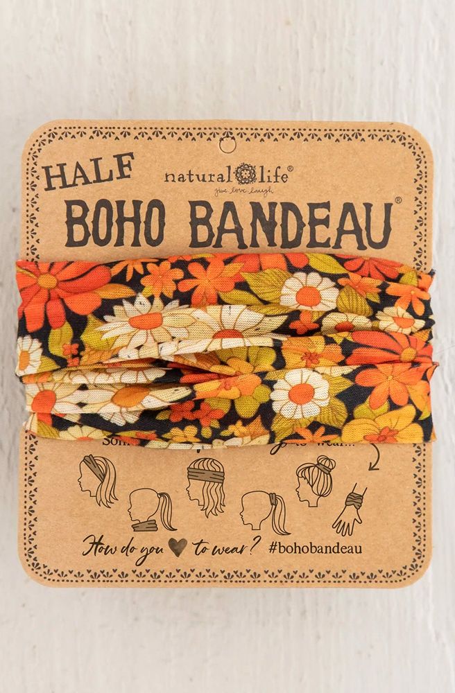 Boho Bandeau Half Ditsy Garden Black, Floral Headband with Retro Print