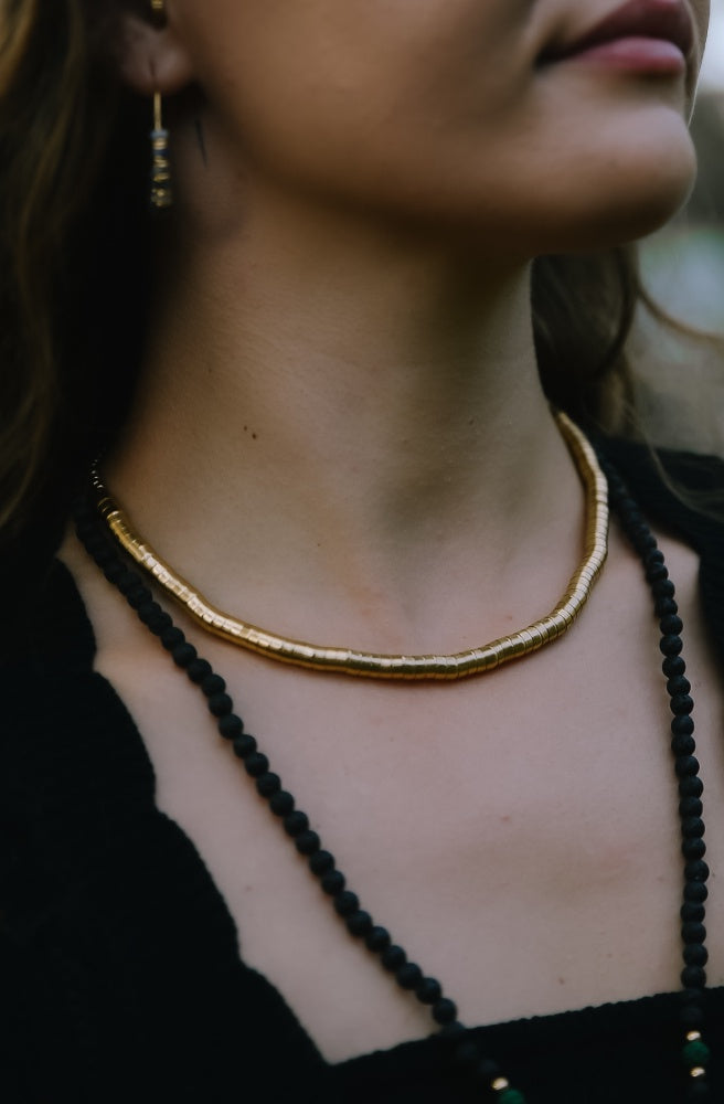 Brass Coil & Bead Choker, Boho Style Women's Necklace Adjustable Clasp