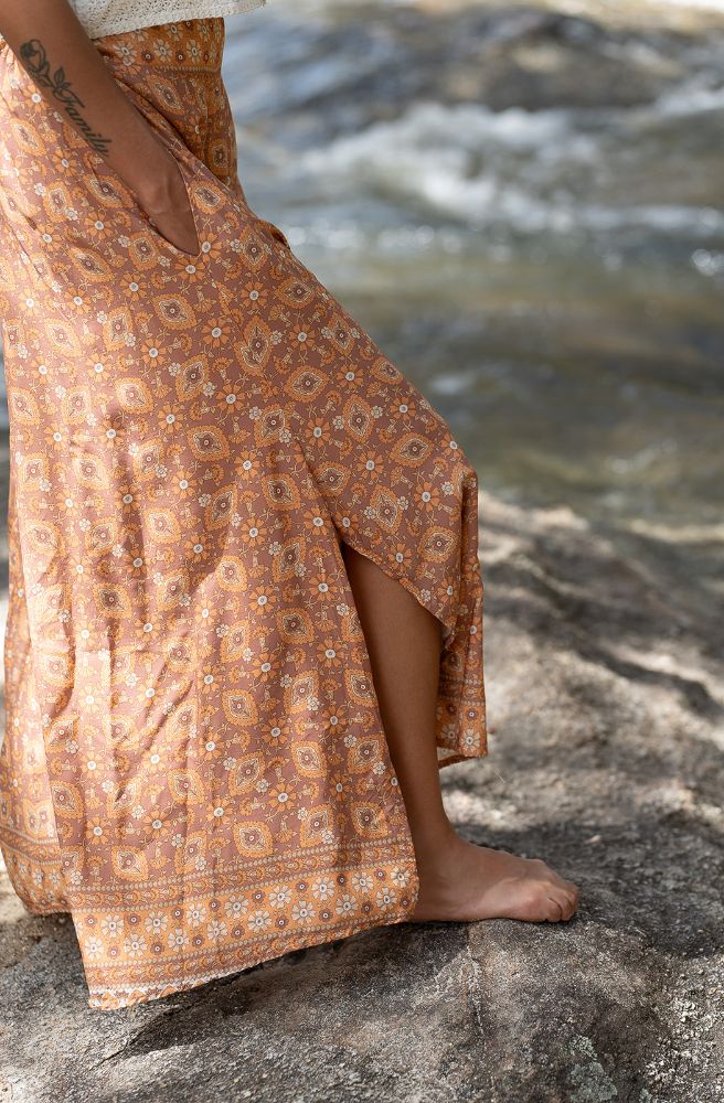 Brown Bayou Drifter Pants, Flowy Wide Leg with Side Slits