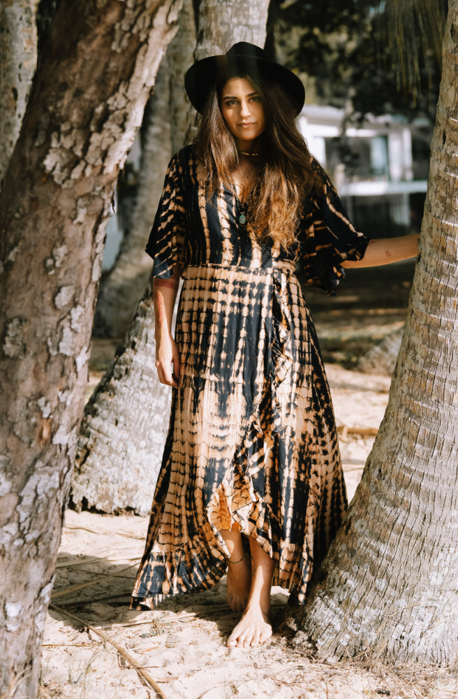 Bushfire Combi Wrap Dress, Flutter Sleeves and Ruffle Hem