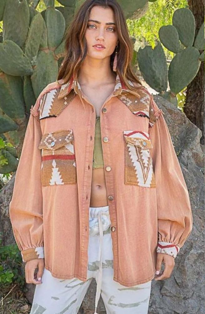 Aztec Denim Jacket Coral, Relaxed Fit