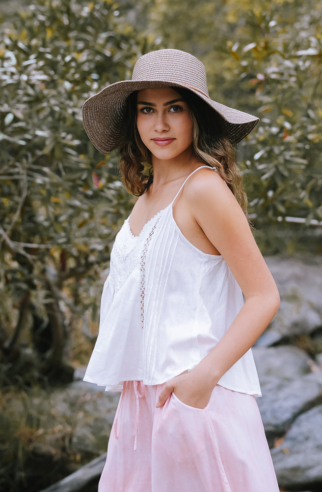 Coastal Singlet White, Boho Resort Style Women’s Top with Lace Yoke