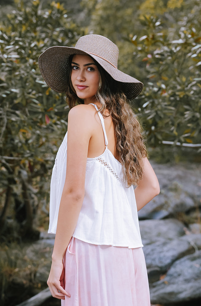 Coastal Singlet White, Everyday Boho White Singlet with Lace Detail
